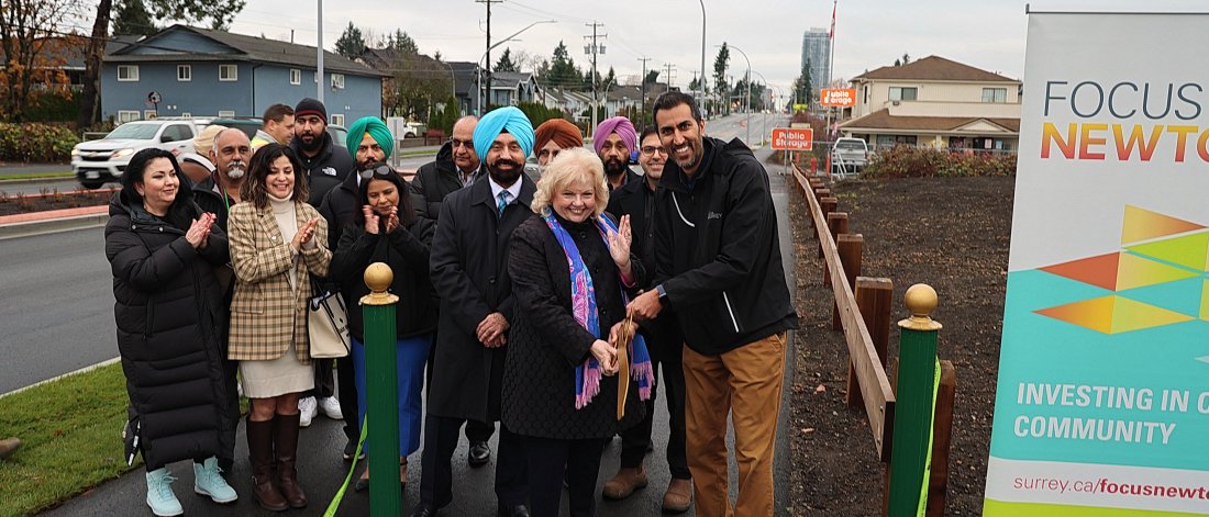 Surrey Mayor Brenda Locke is joined city staff and members of the community and to celebrate completion of Phase 2 of 80 Avenue Improvements on Nov. 22, 2023.