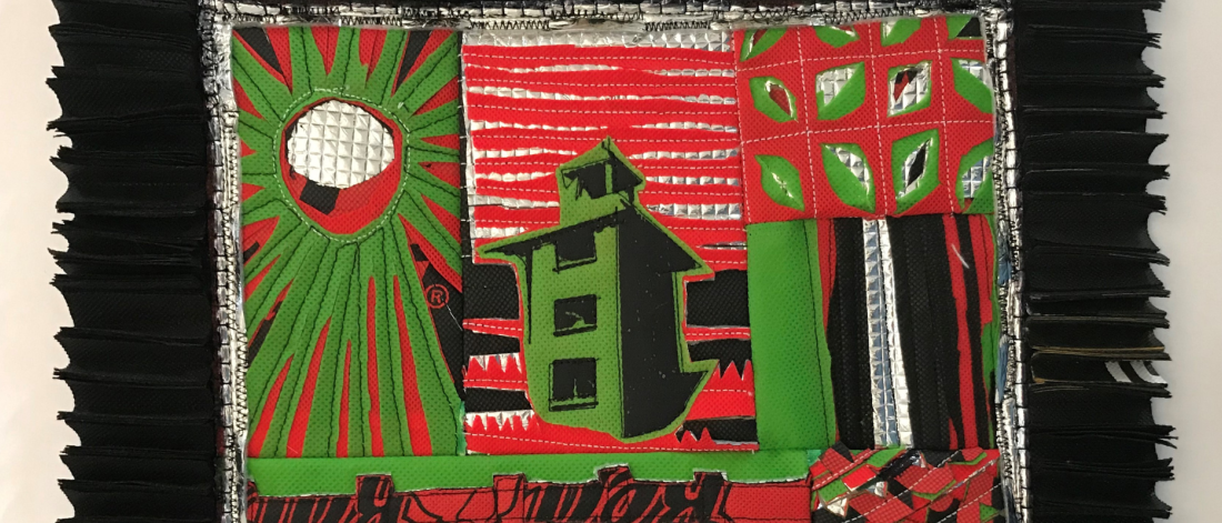 A black frame shows a collage made up of vivid green, red, and black colours. At the centre is a building with three floors and an attic. On the left, appears a sun with rays. On the right, appears a pattern of nuts with long bands of colour.