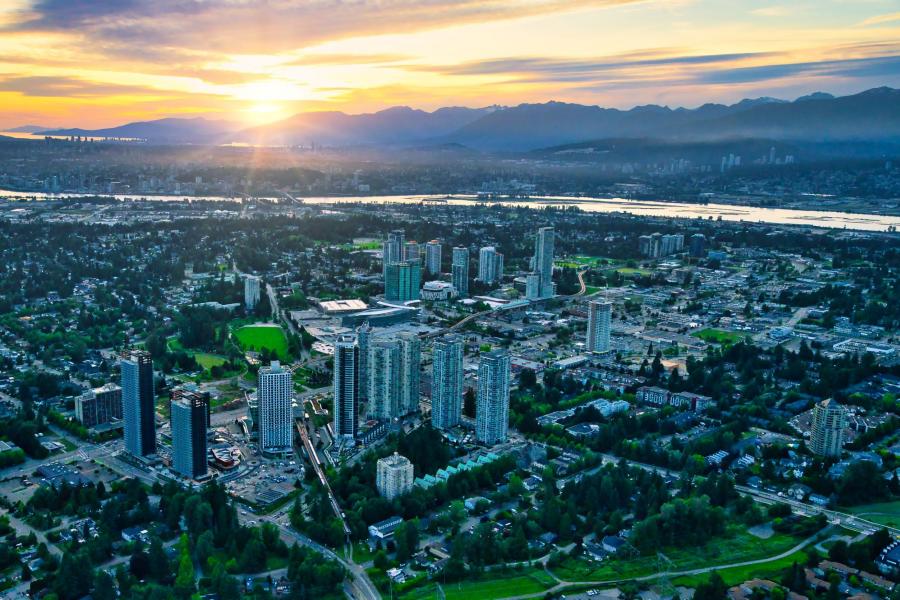 Surrey City Centre Aerial View June 2021 with sunset