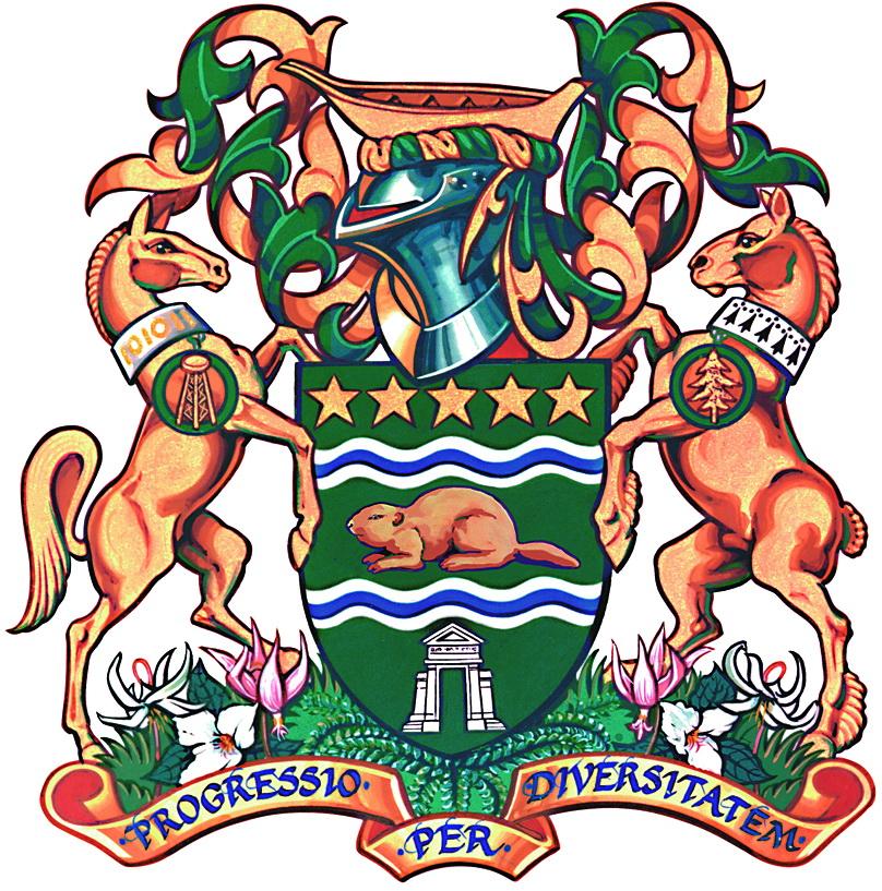 surrey's coat of arms with two horses, a beaver, and a green shield