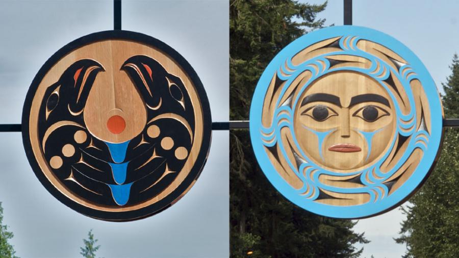 Two circular pieces of Indigenous artwork side by side