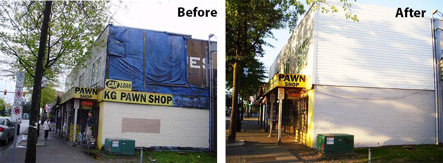 A tarped up business storefront vs. a vinyl sided storefront