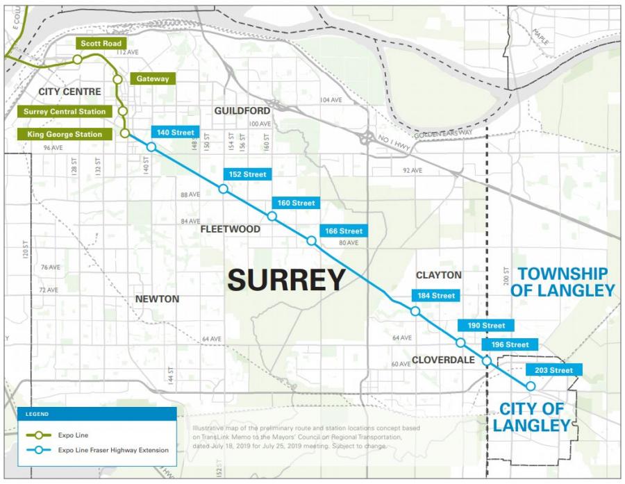 A line map of Surrey to Langley