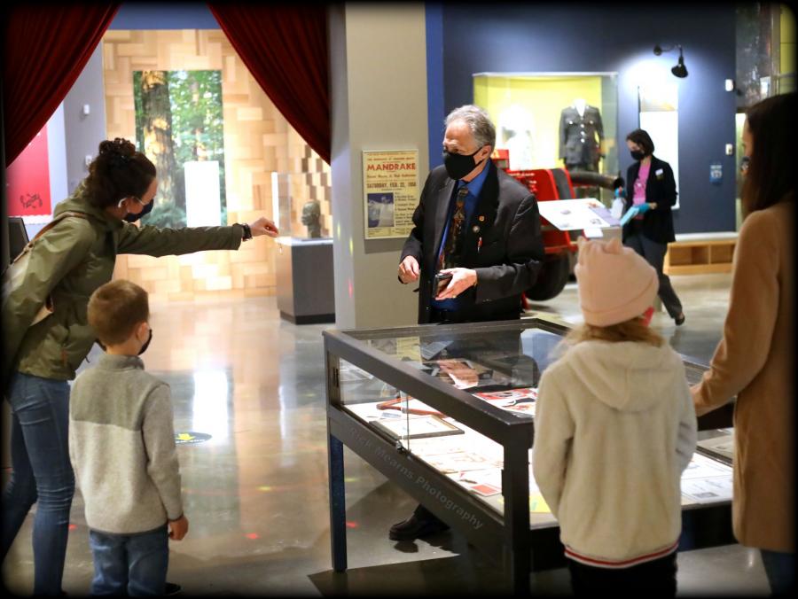 Visitors to Museum of Surrey meet with Lon Mandrake, magician, and son of the late famous Mandrake the Magician. Lon returns to the museum April 10, 17, 24 for Magic Saturdays where he'll perform magic tricks from safe social distance. Registration required.