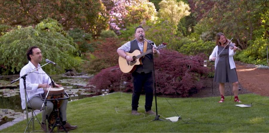 Three musicians including a guitar and violin player perform in a garden