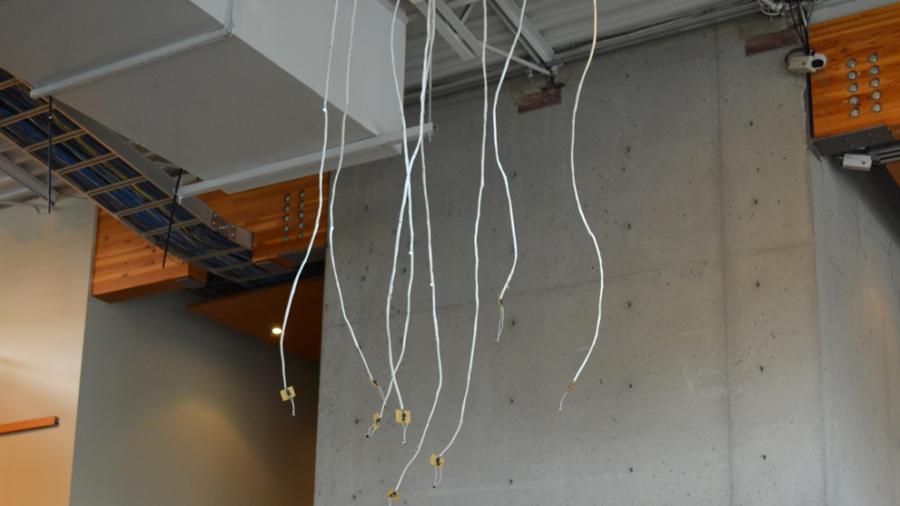 A cluster of 7 white wires hang from a ceiling with sensors at the ends