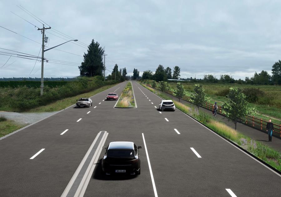 Rendering of preliminary design of 152 showing 4 lanes of traffic and multi use pathway