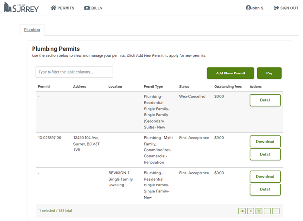 An example of the permits page in the portal 