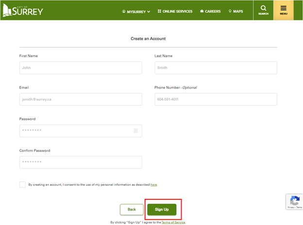 An example of the create a MySurrey Account registration page with a red box around sign up