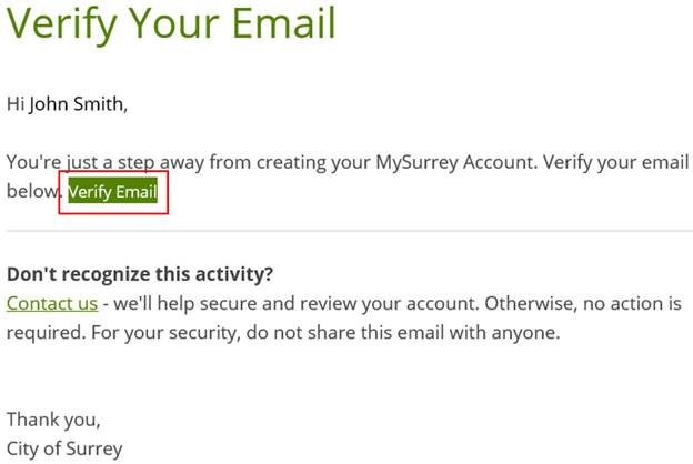 An example of the email verification for your MySurrey account with a red box around where to click