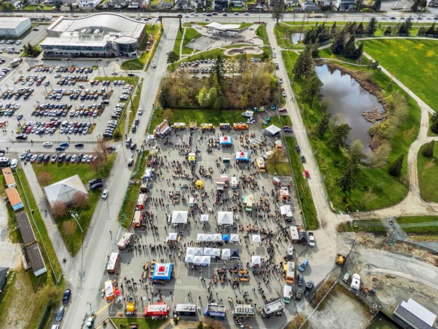 aerial of parking lot with event