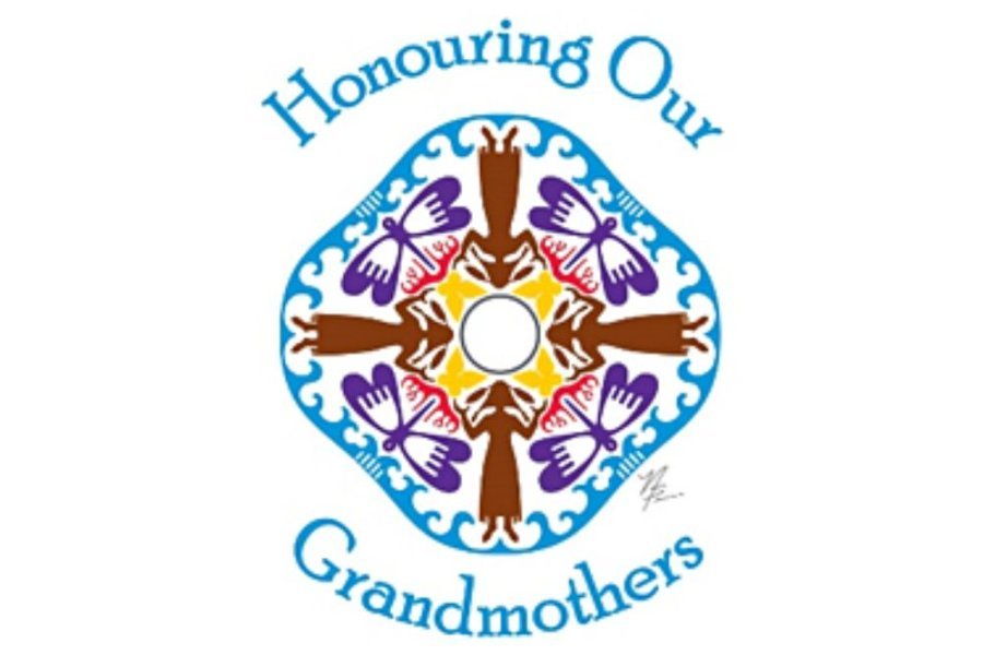 a graphic of indigenous art with words "honouring our grandmothers" 
