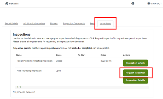 Preview of the request inspection button in the plumbing inspection request tool
