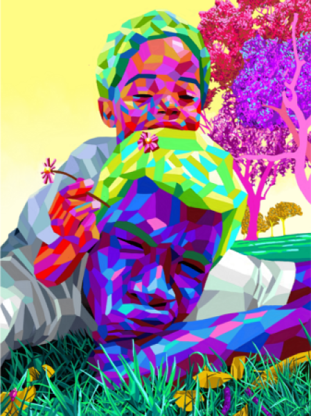 A multi-coloured digital image of a father and son lying on grass together