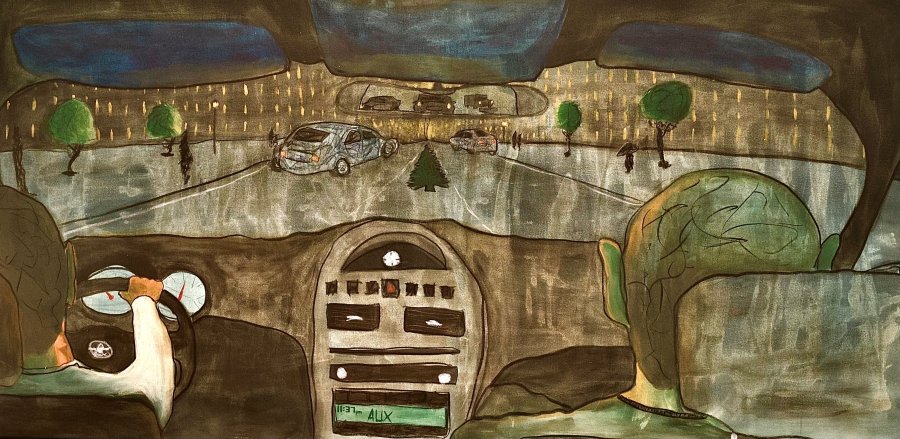 Painting of two people driving down a long road