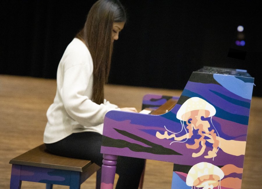 A person is playing a creatively painted piano adorned with jellyfish designs in a dimly lit room.