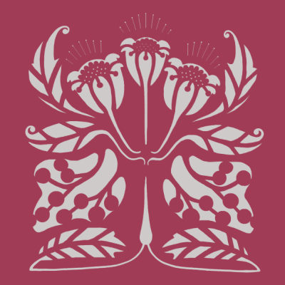  A symmetrical red and white floral butterfly motif on a red background.