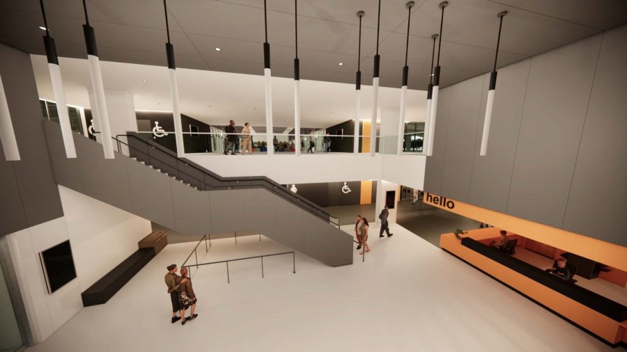 A rendering of a lobby with a staircase, hanging lights, and people conversing.